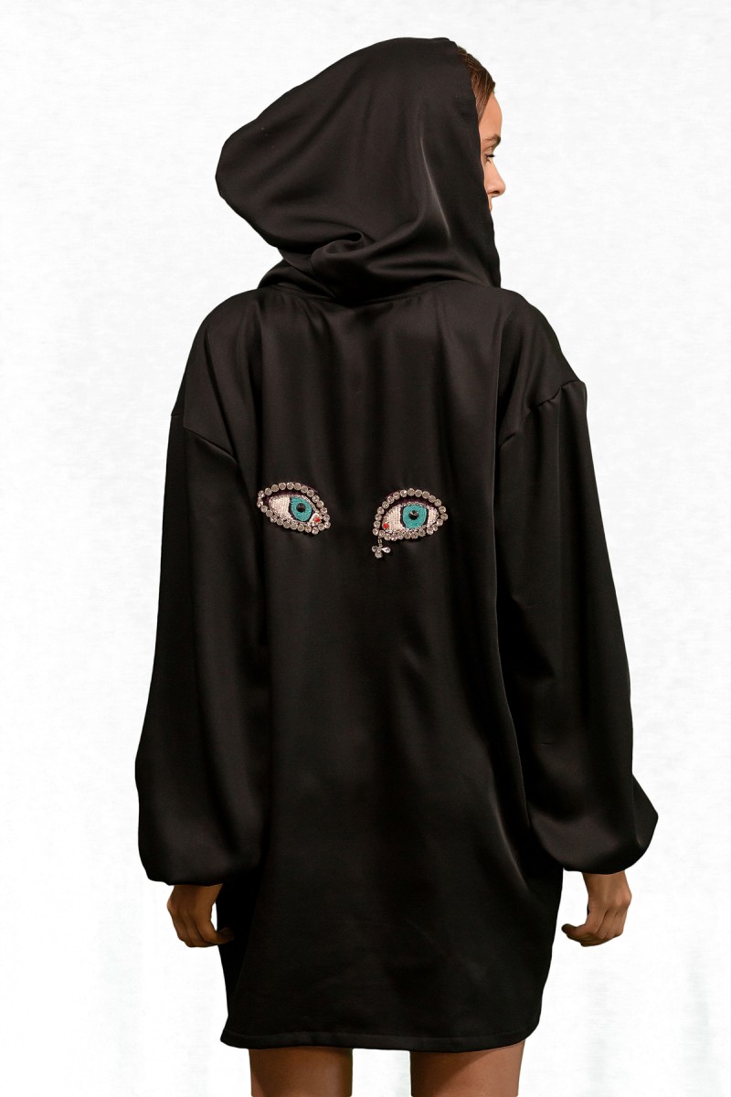 Silk Hoodie with Eyes Embroidery<span> - </span>One Size